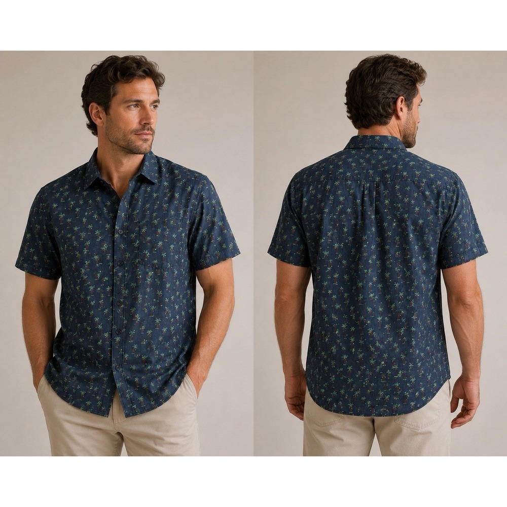 Nordstrom Tech Smart Trim Fit Button Up Shirt Men's XL Blue Palm Trees Coolmax